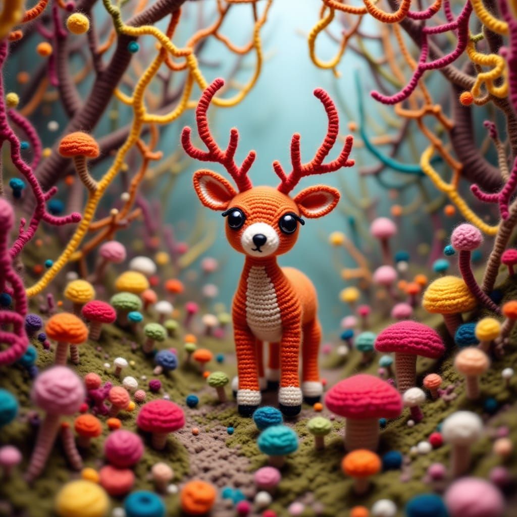 Crocheted Yarn Deer in Whimsical Yarn Forest