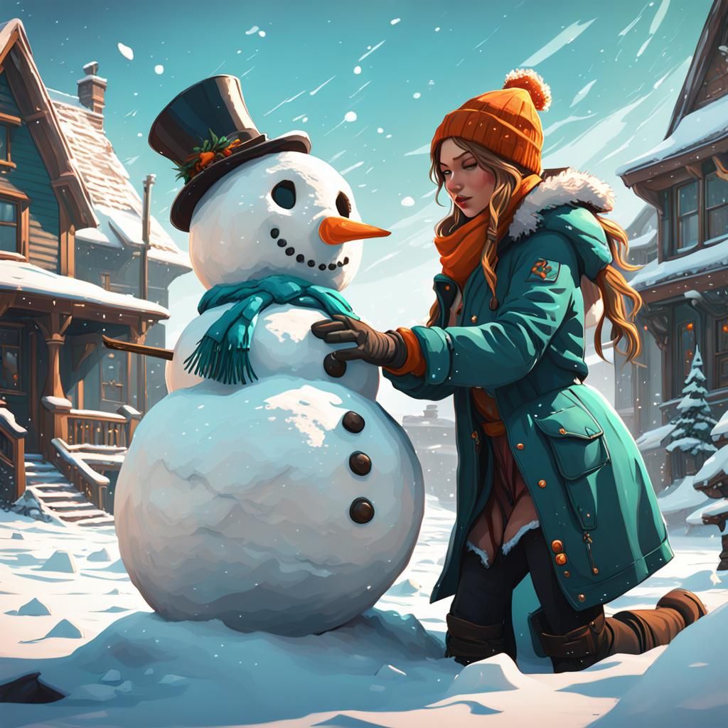 Girl Builds Snowman: Hyperdetailed Concept Art