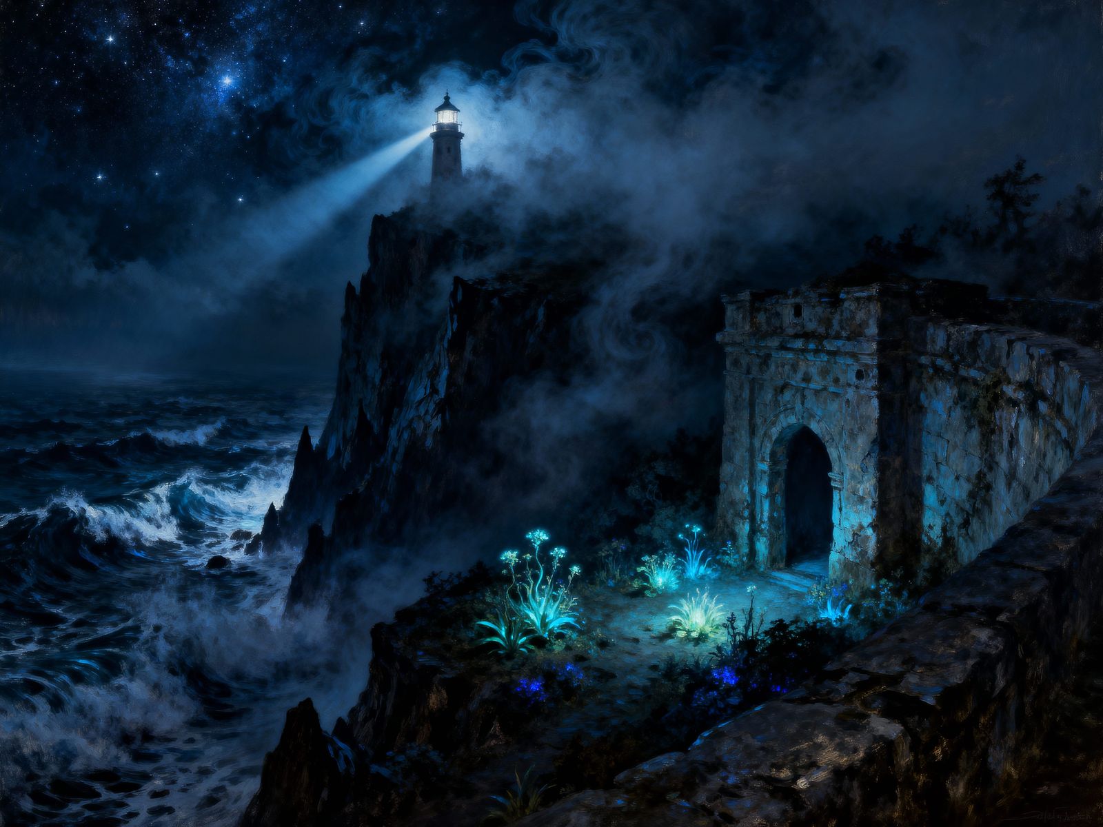 Ancient Lighthouse on Stormy Sea, Dark Fantasy Style