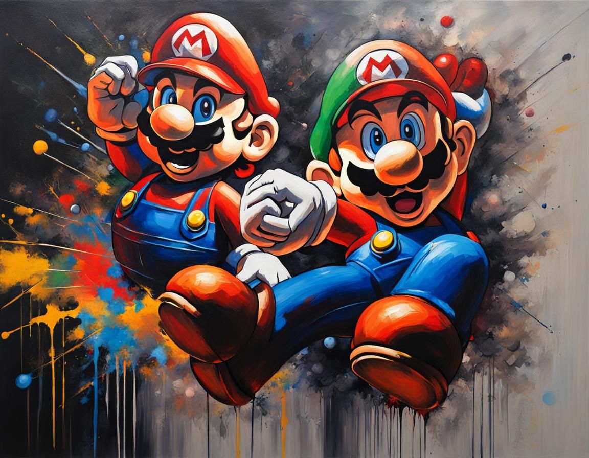 Abstract Super Mario Oil Painting with Color Splashes