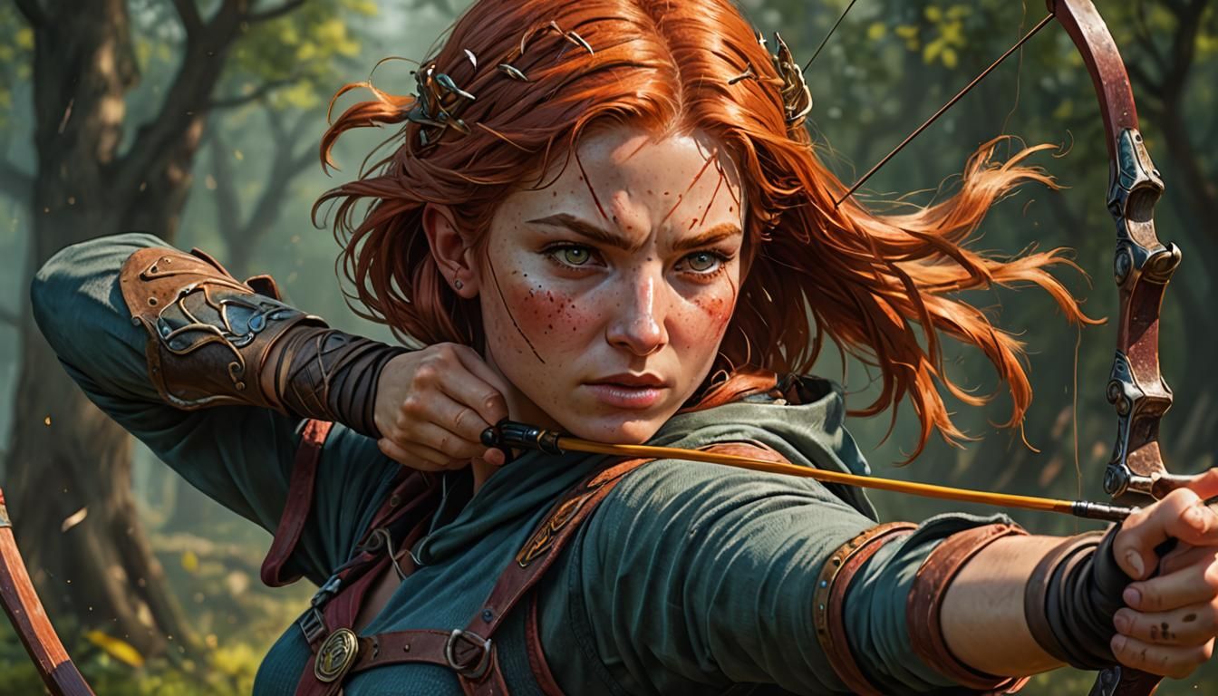 Hyperrealistic Redhead Archer at Full Draw