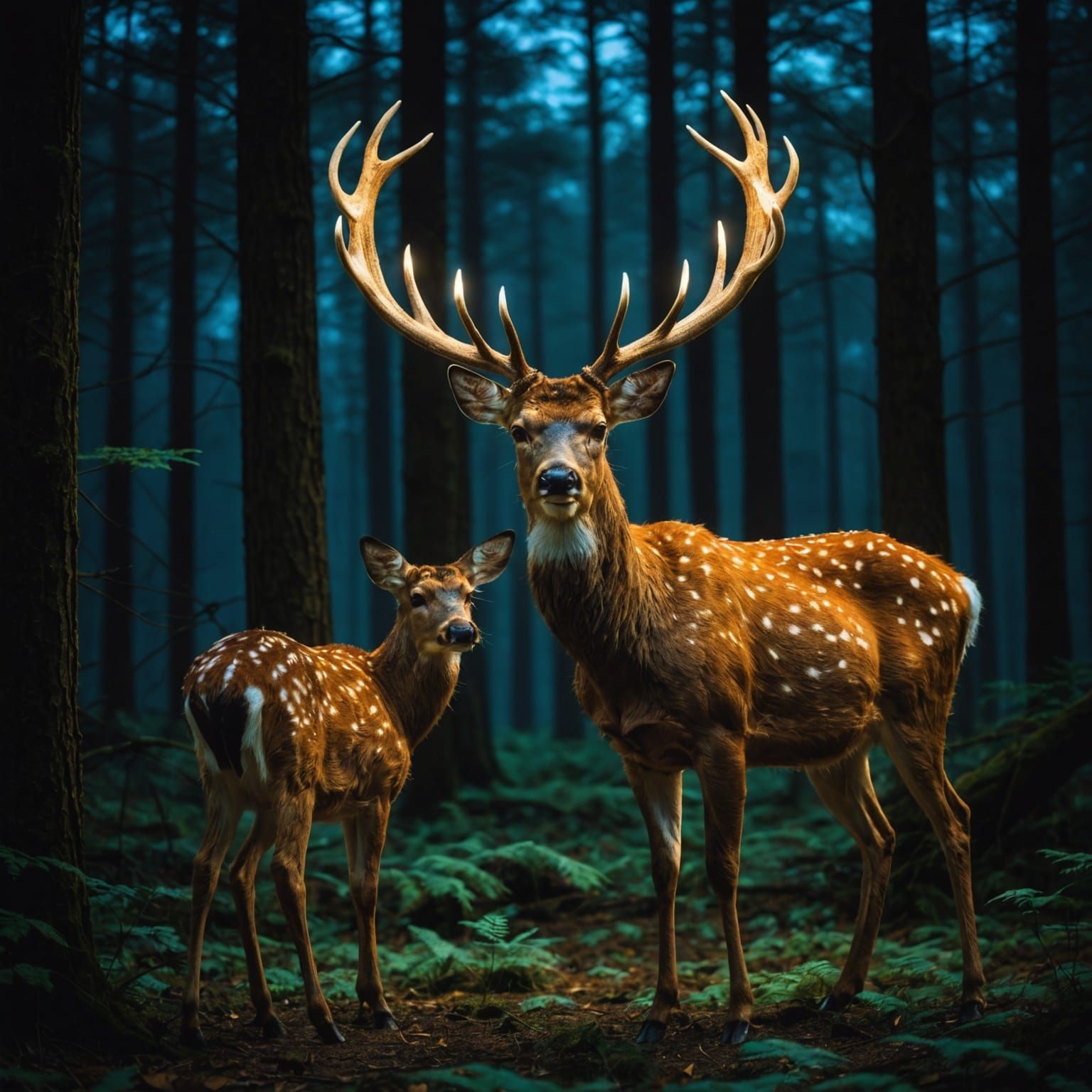 Glowing Antler Deer in Night Forest