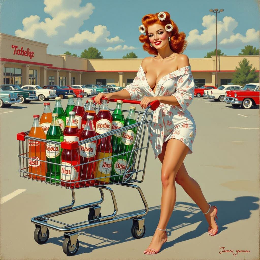 Pin-Up Woman Pushes Shopping Cart of Drinks in Parking Lot