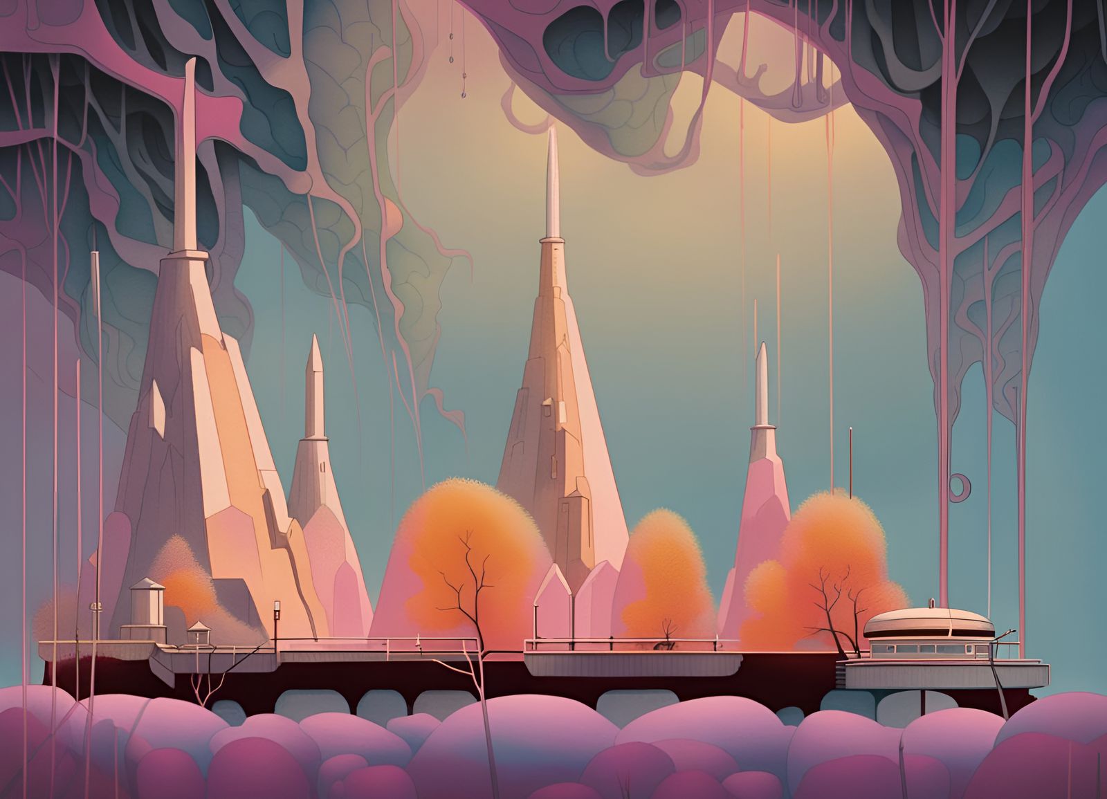 Surreal Retropunk Cityscape in Pink and Blue