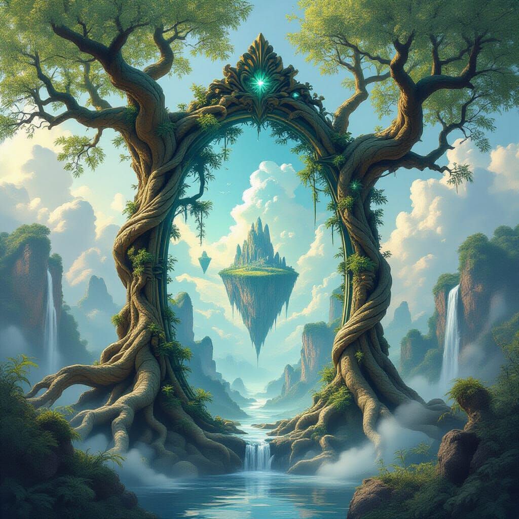 Surreal Tree Portal Reflecting Fantasy Landscape