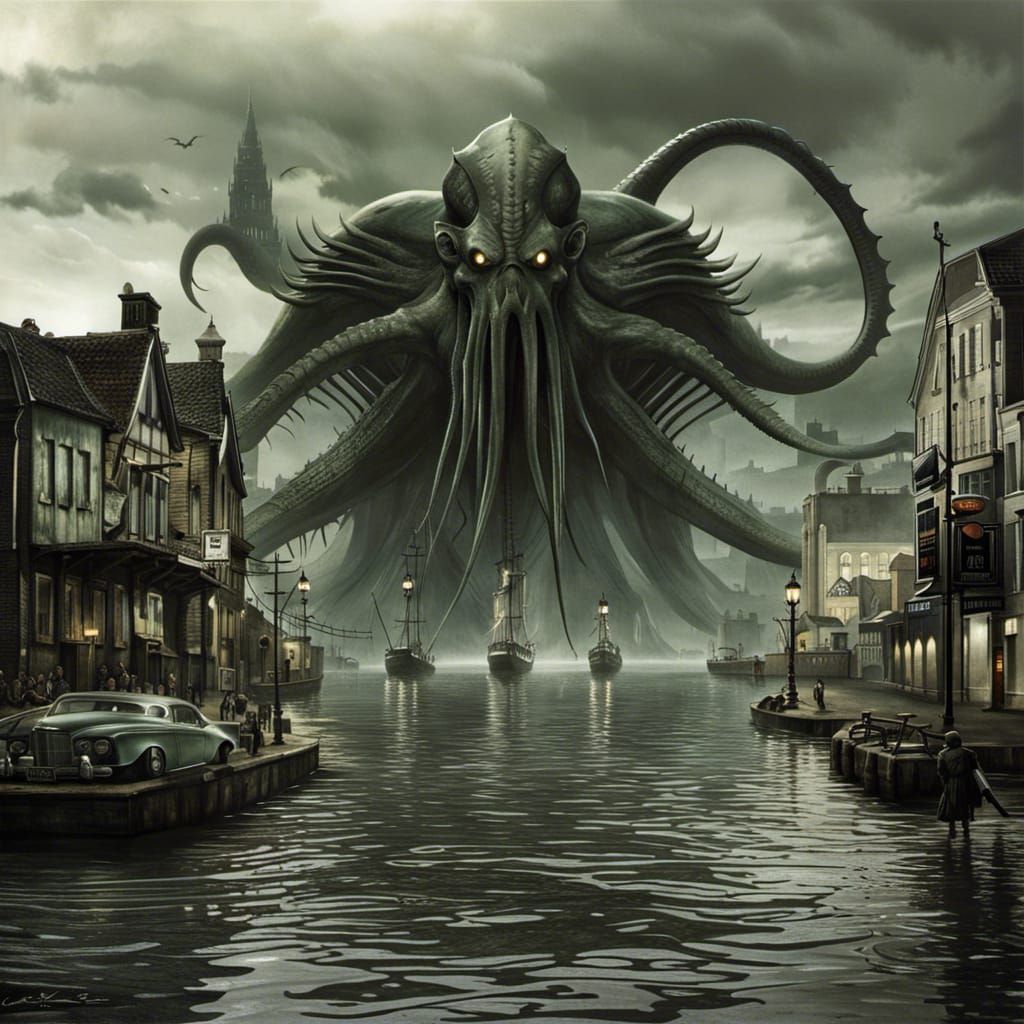 Cthulhu Floods Coastal Town in Biomechanical Style