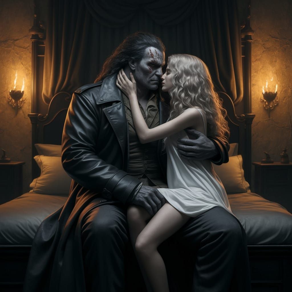 Dark Figure in Ancient Castle, Embracing a Blonde Woman in a...