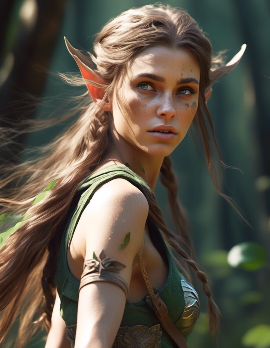 Elf Warrior Running Through Forest, Hyperrealistic Digital A...