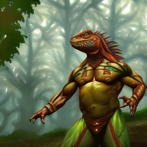 Iguana Bodybuilder Flexing in Forest: Hyperrealistic Splash ...