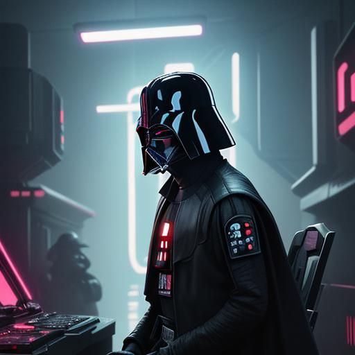 Darth Vader Helmet on R2-D2 in Cyberpunk Neon