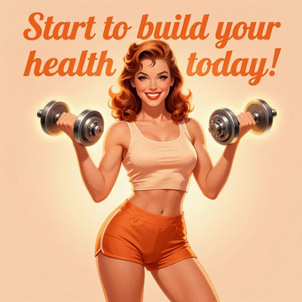 Vintage Pin-Up Woman Lifts Glowing Dumbbells