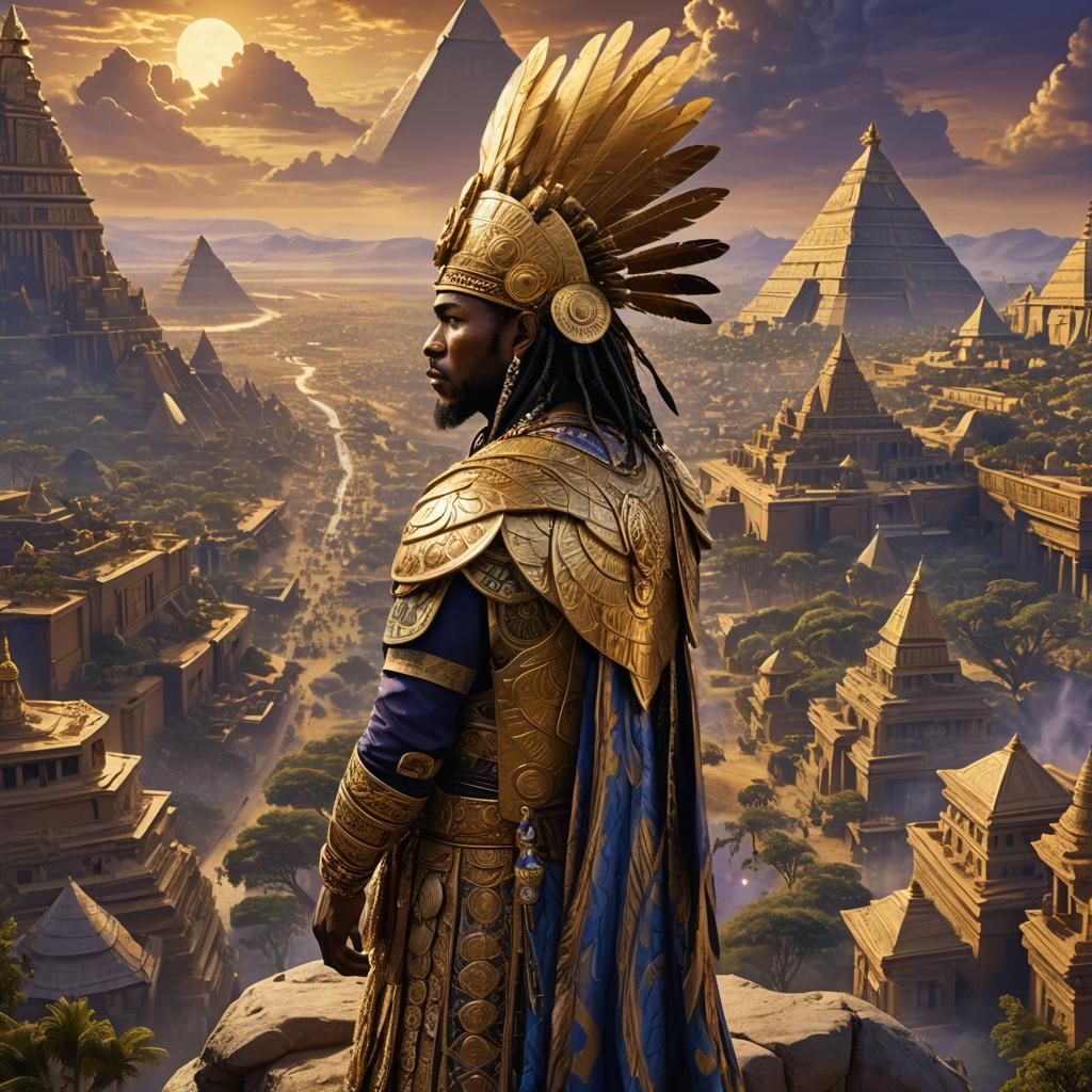 African King Overlooks Empire in Fantasy Landscape
