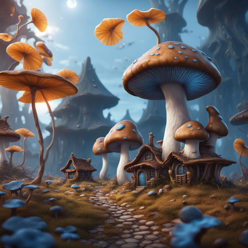 Blue Mushrooms and Brown Houses in Fantasy Art