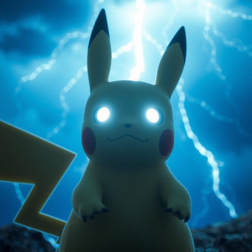 Cinematic Pikachu with Glowing Eyes in Thunderstorm