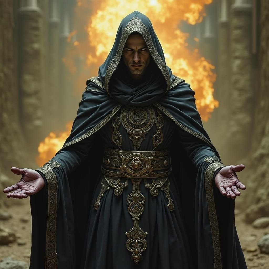 Wizard Conjures Fire Tornado in Dark Fantasy Style