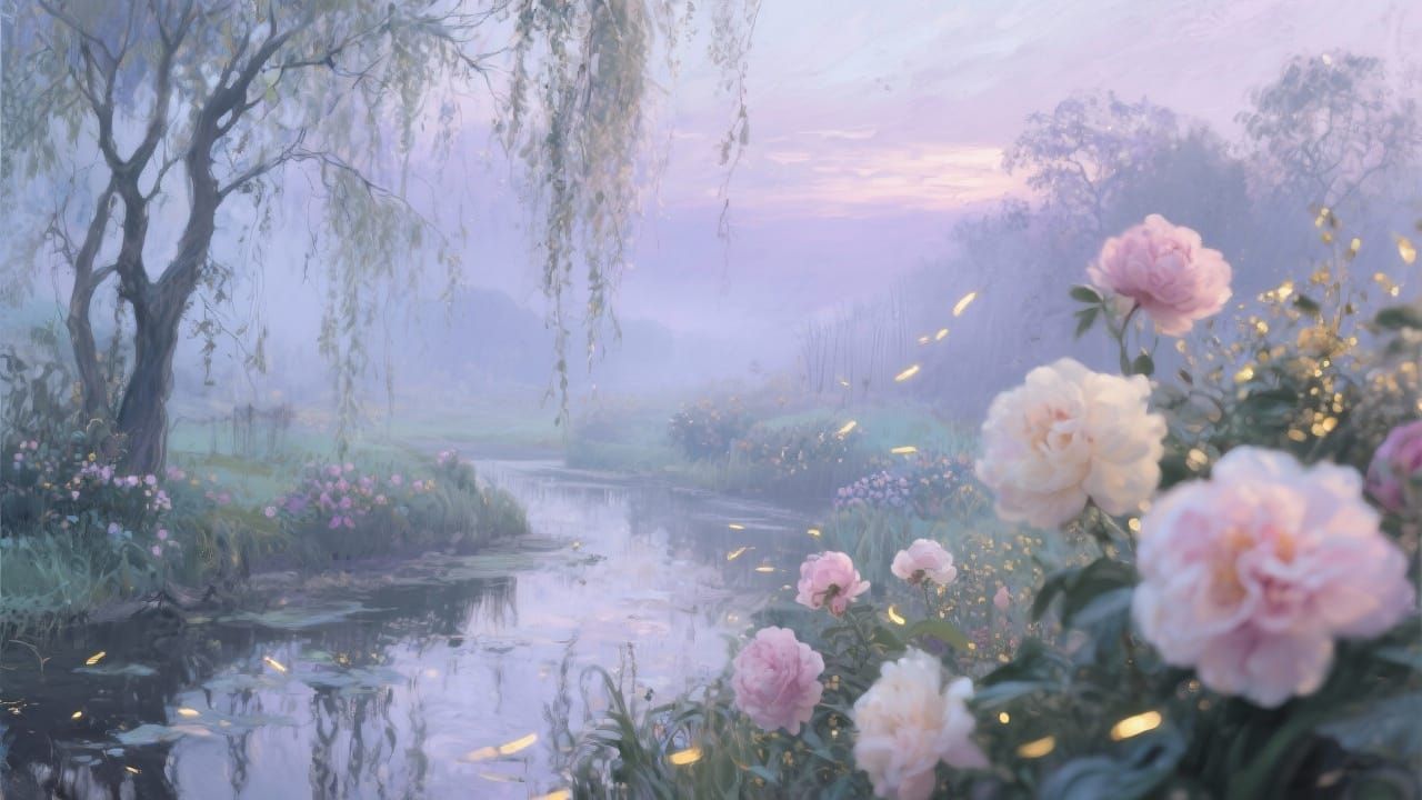 Dreamy Twilight Garden Scene in Impressionistic Style