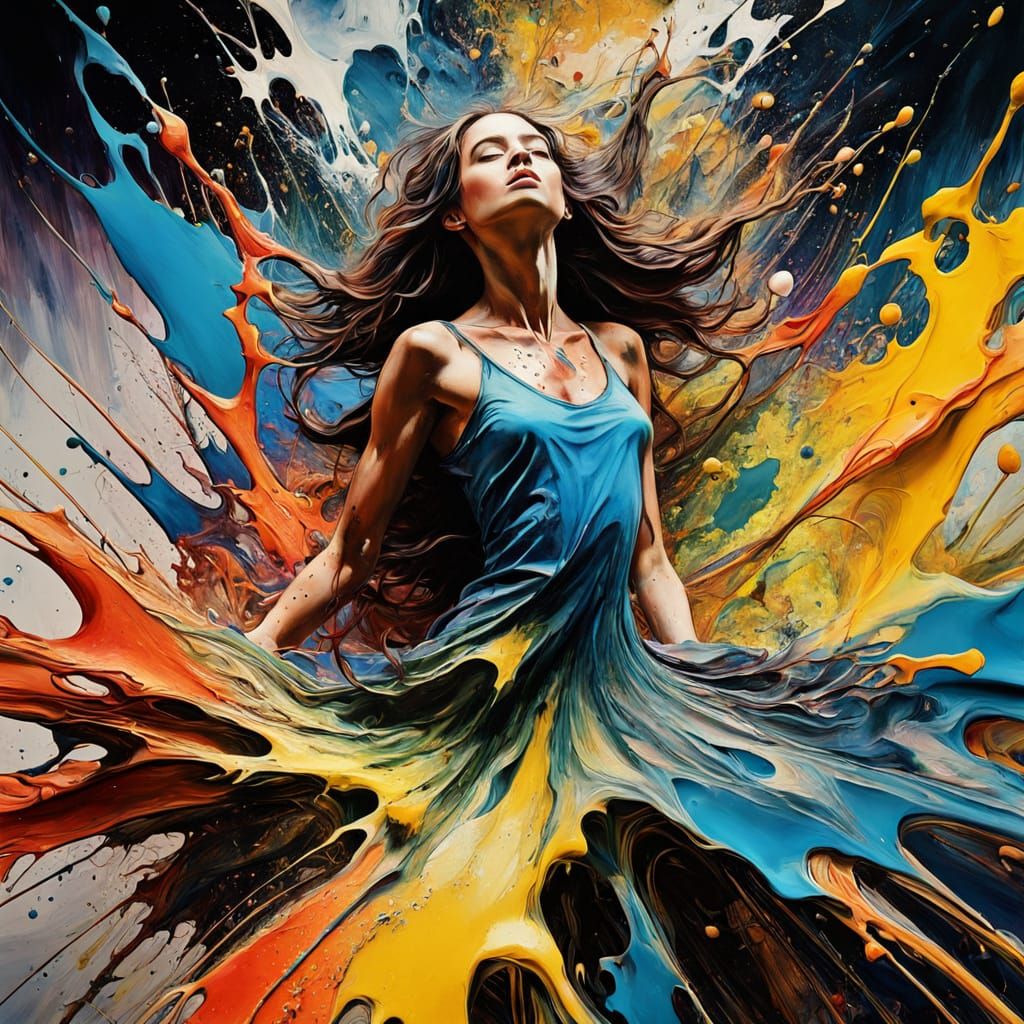 Vibrant Abstract Expressionist Painting of a Woman Dissolvin...