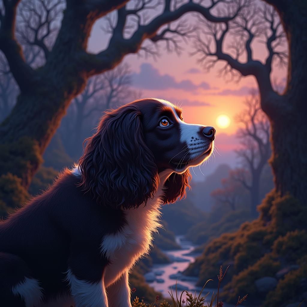 King Charles Spaniel Portrait in Enchanted Forest