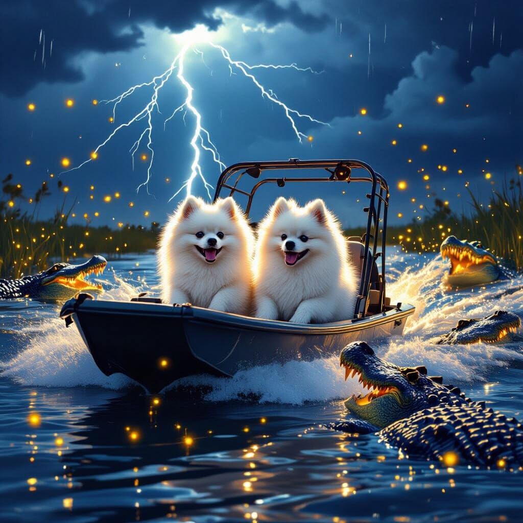 Pomeranians in Everglades Airboat Amidst Stormy Gator Encoun...