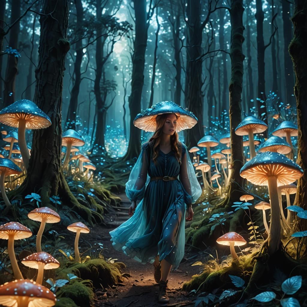 Mystical Being in Bioluminescent Blue Forest