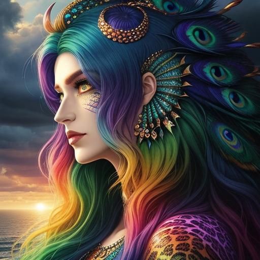 Woman with Dragon Scales and Peacock Hair