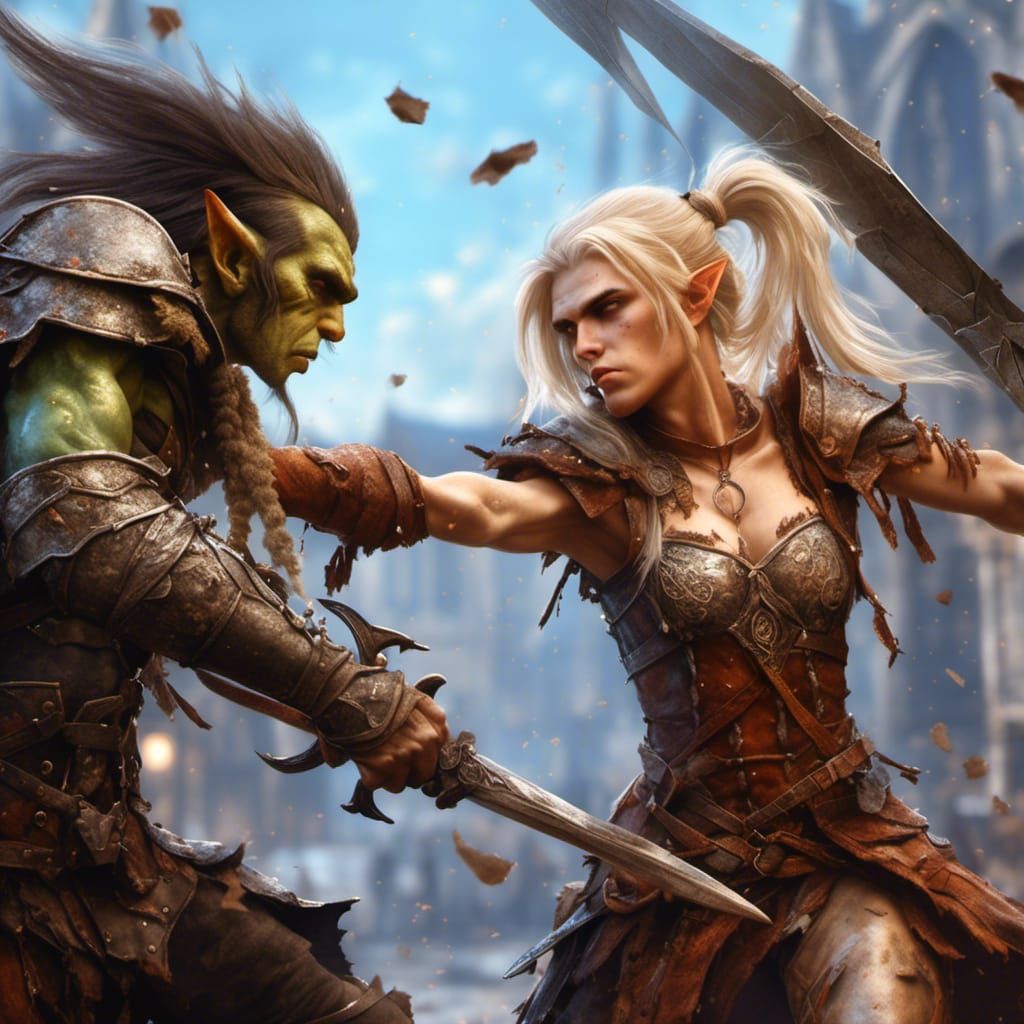 Elf Warrior Fighting Orc in Medieval City