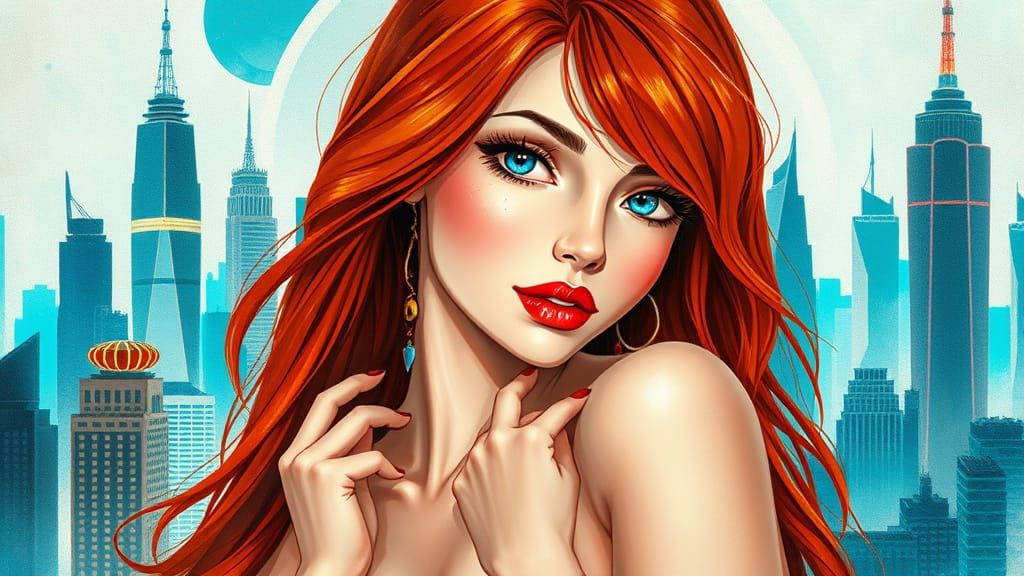 Anime Muse in Turquoise Cityscape: Pin-Up Watercolor