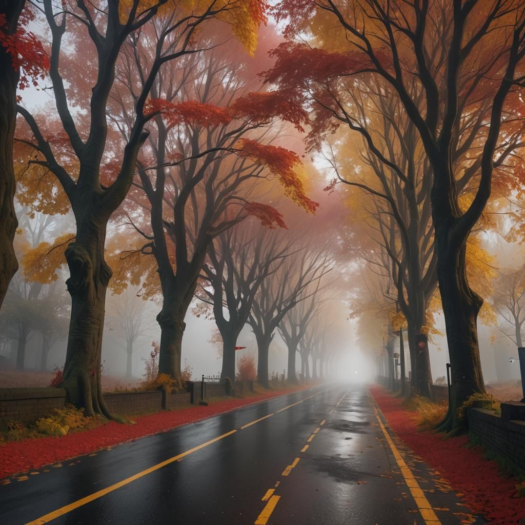 Autumnal Tunnel: Foggy Street in Fantasy Concept Art