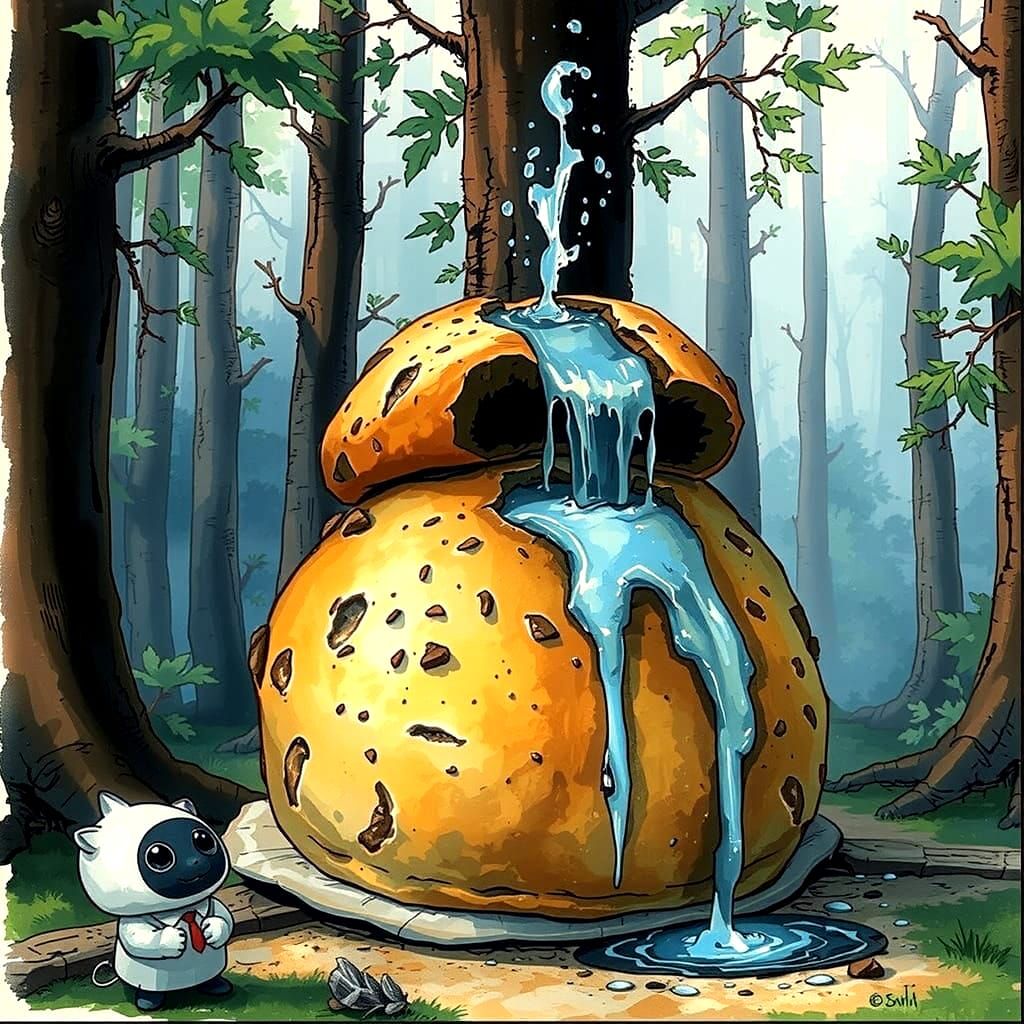 Whimsical Bread Waterfall in Wet Ink Style