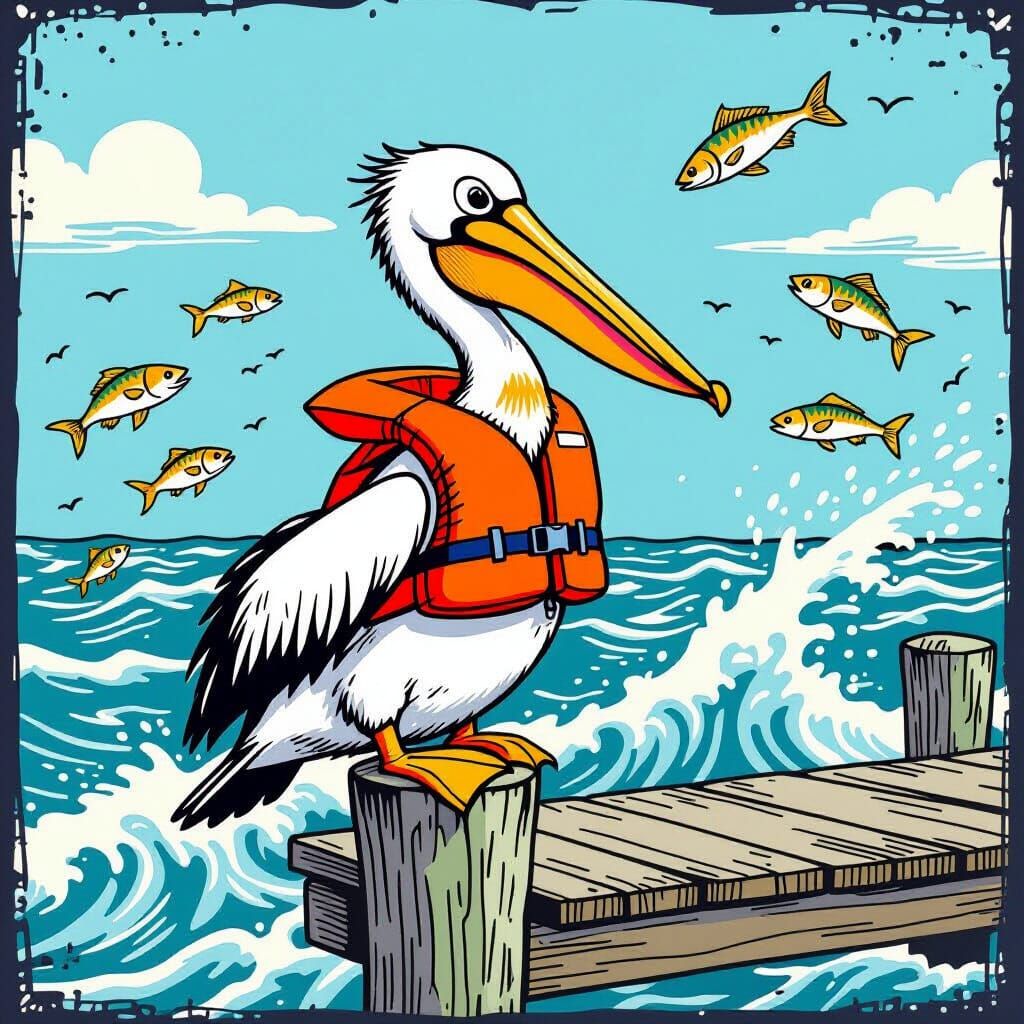 Humorous Pelican on Dock in Cartoon Style