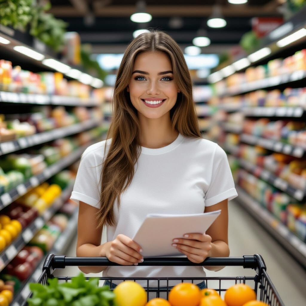 Woman Pushing Shopping Cart in Grocery Store