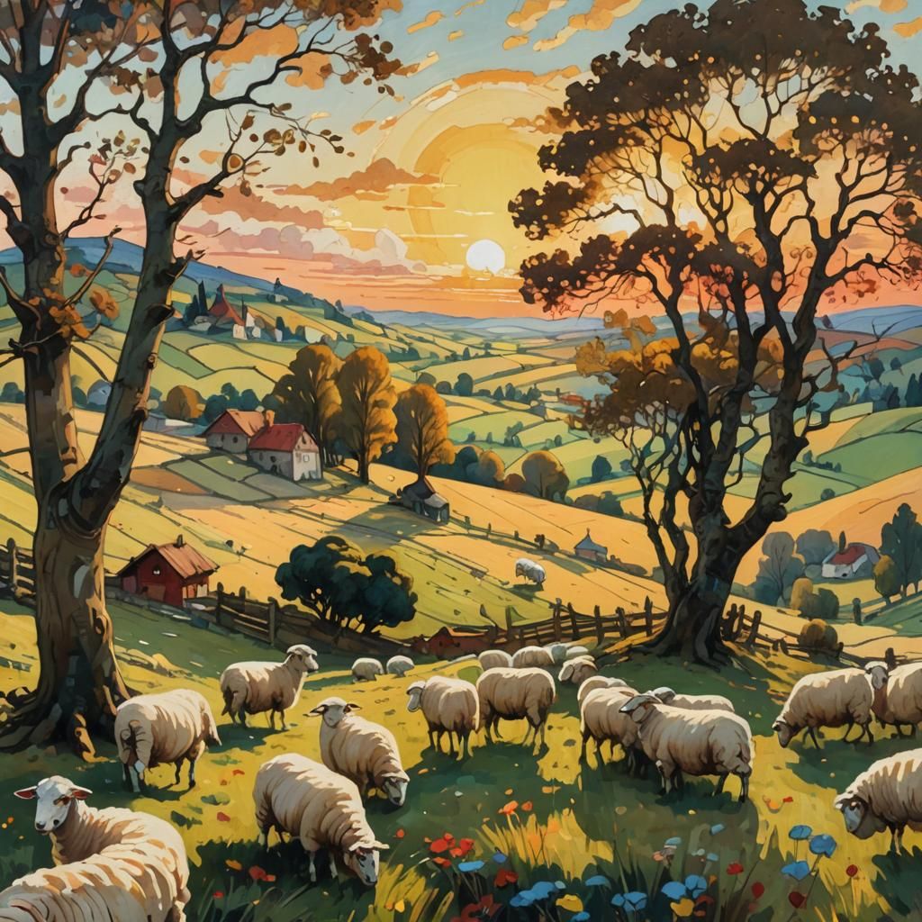 Rococo Landscape Painting with Grazing Sheep