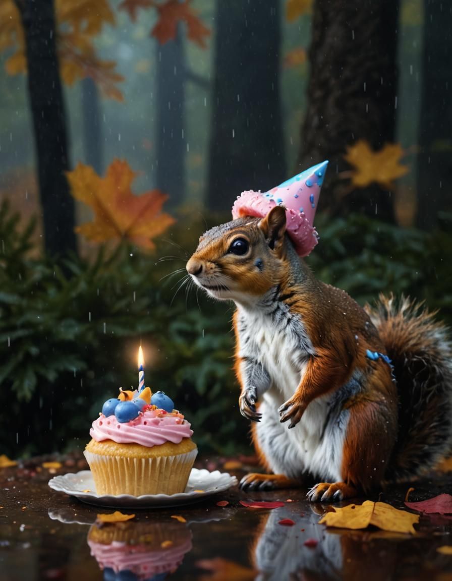Squirrel Celebrates Birthday in Autumn Rain