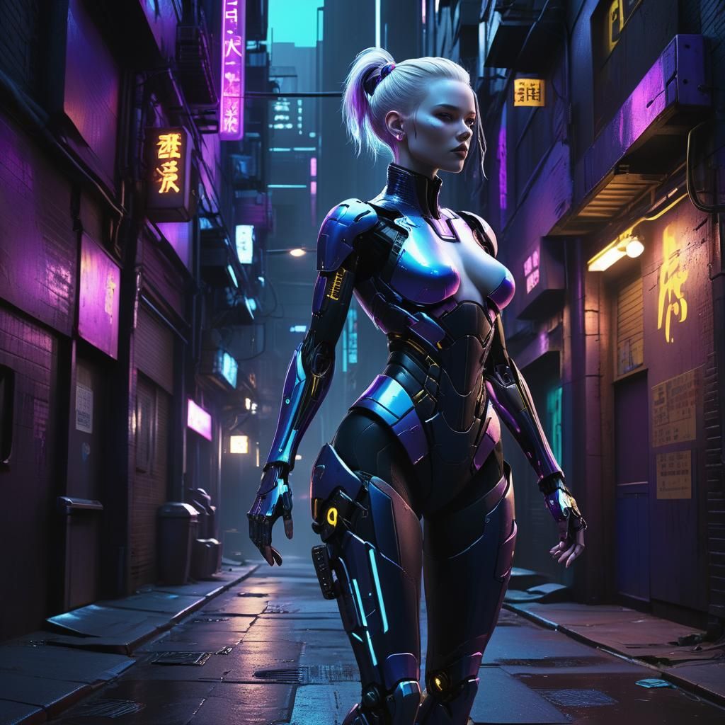 Cyberpunk Cybernetic Figure in Neon Alleyway