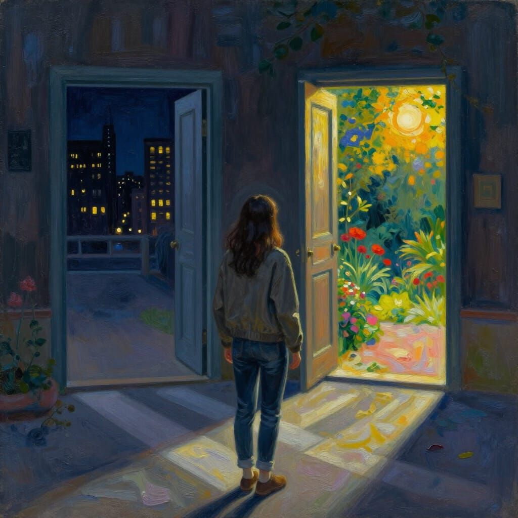 Woman Faces Choice: Dark City Night or Sunny Garden