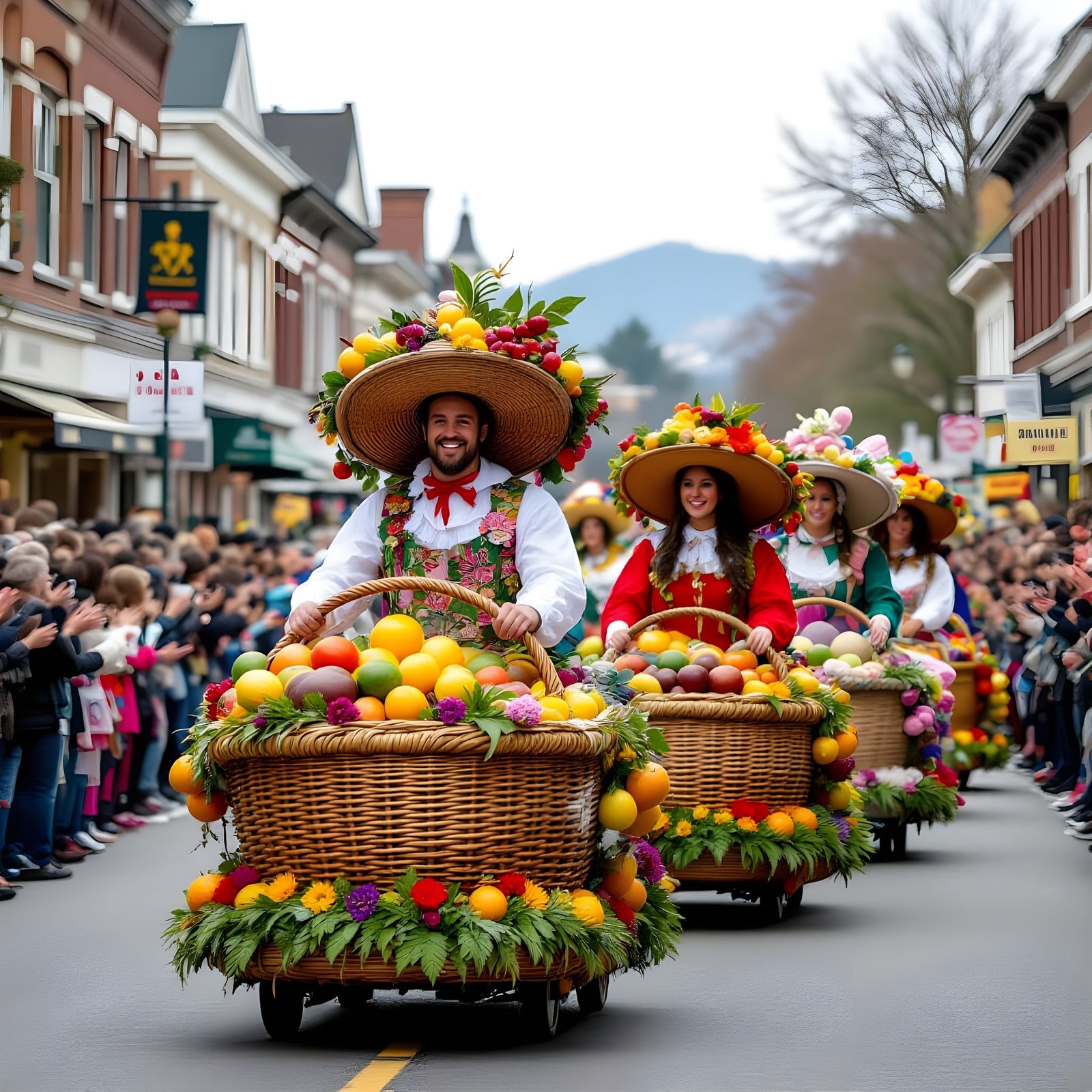 Vibrant Harvest Parade with Fruit & Flower Hats