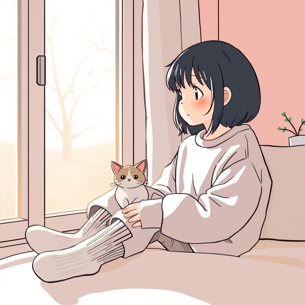 Cozy Morning Scene with Lofi Girl and Cat