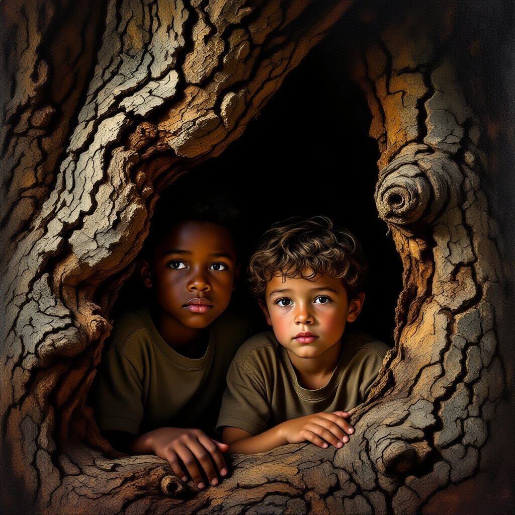 Brothers Hide in Ancient Tree, Dramatic Painterly Style
