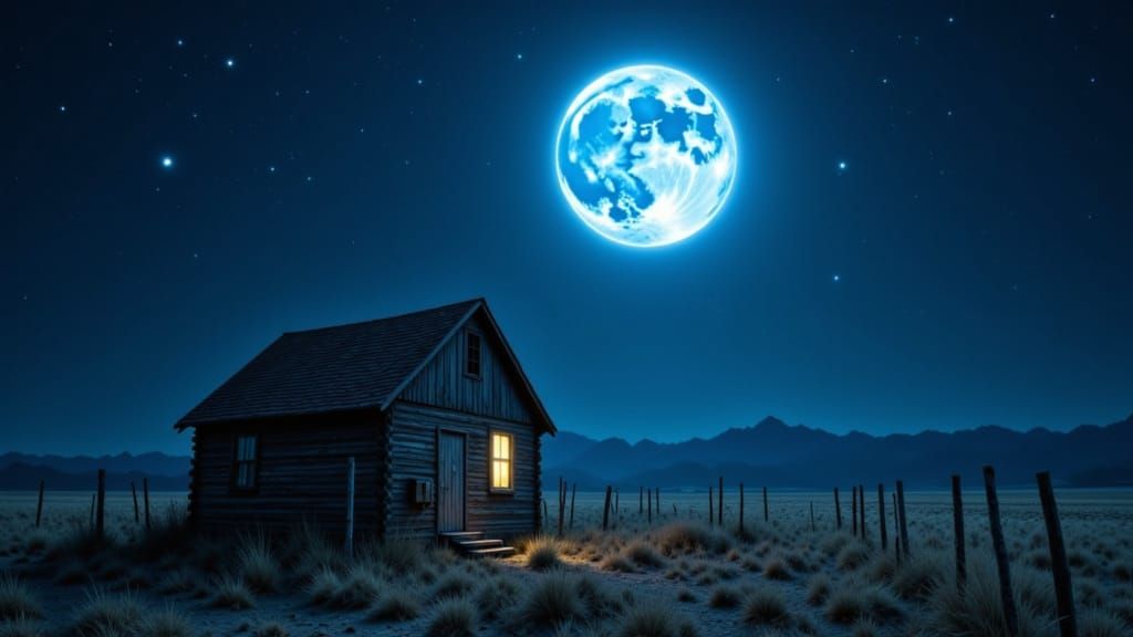 Rustic Shack Under Giant Blue Moon