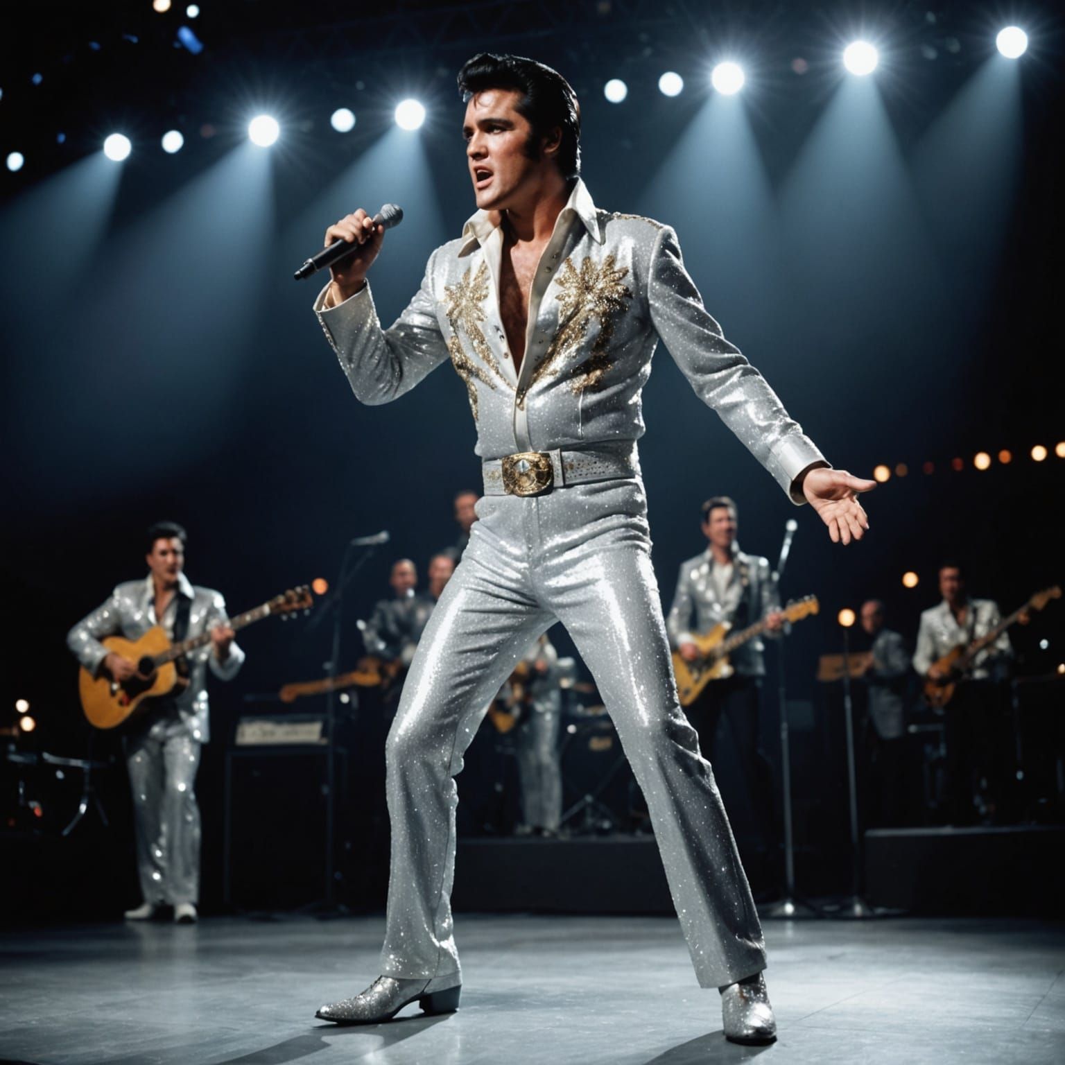 Elvis in silver-sequined jumpsuit on Stage at Madison Square Garden under two white spotlights