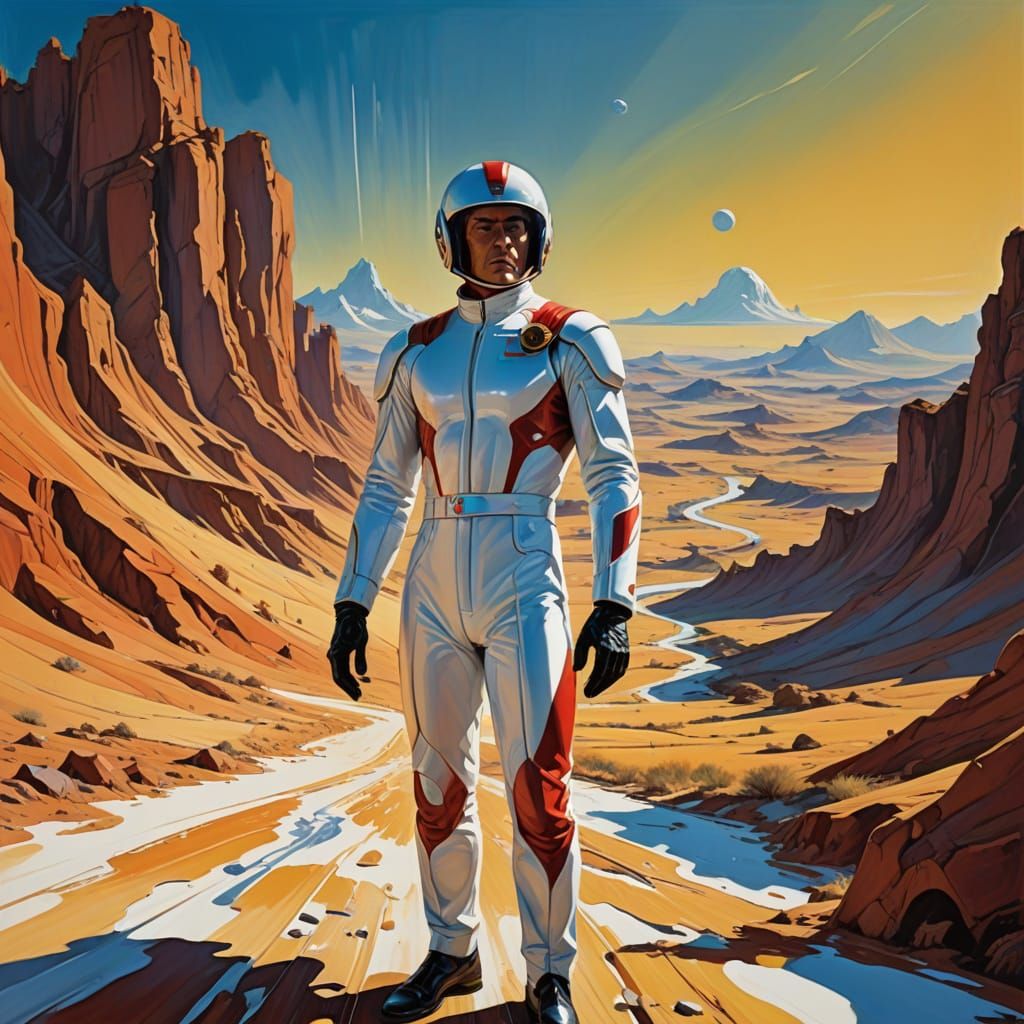 Heroic Speed Racer in Dreamlike Landscape