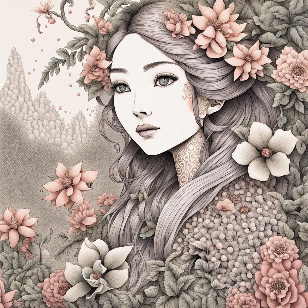 Clockpunk Jungle Flowers in Ukiyo-e Style