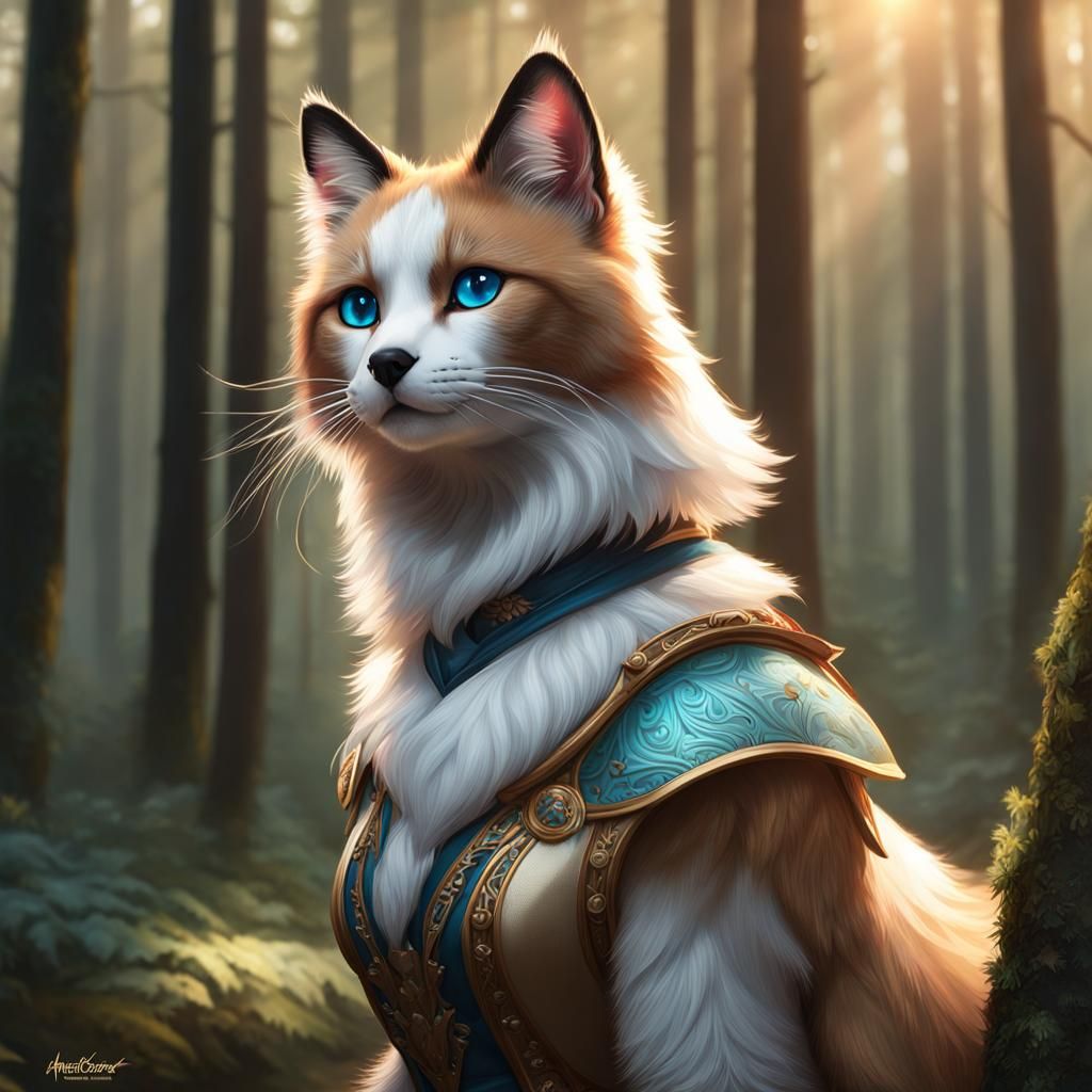 Ragdoll Cat and Fox Hybrid Portrait in Forest