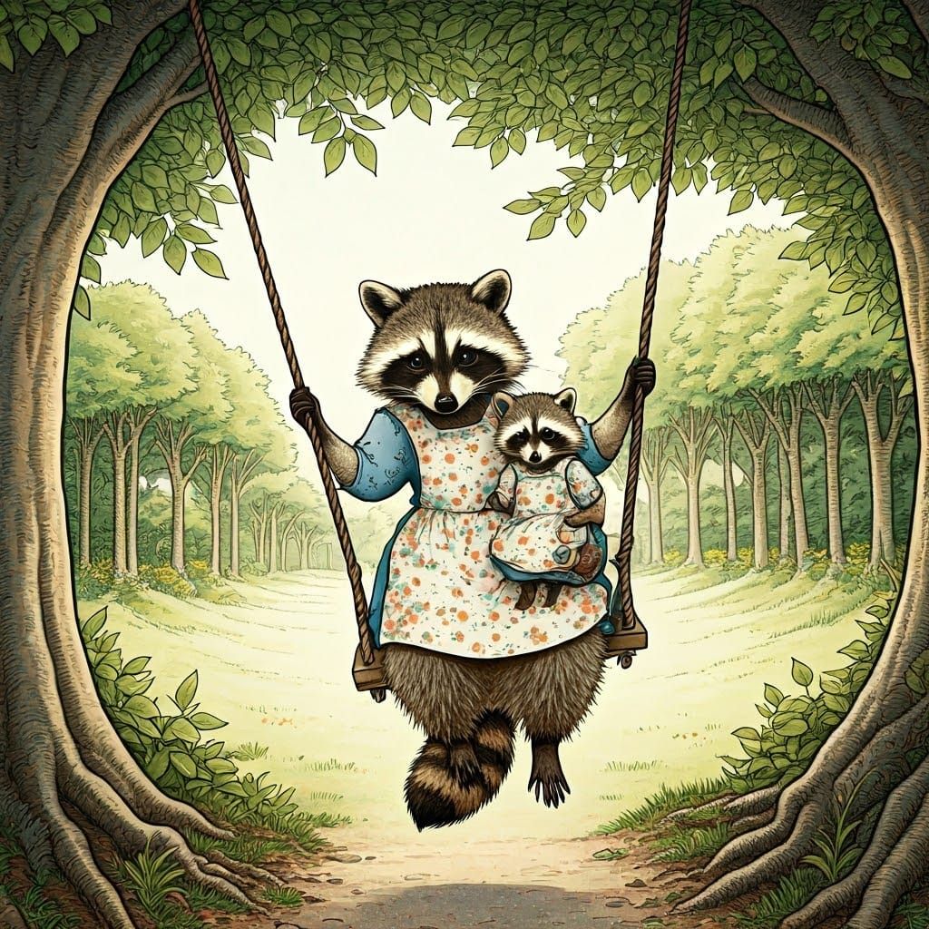 Raccoon Mother and Daughter on a Swing