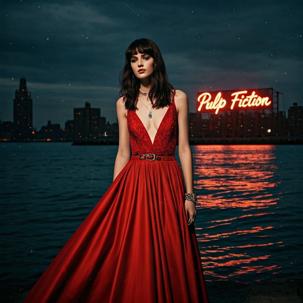 Supermodel in Red Gown by the Sea at Twilight