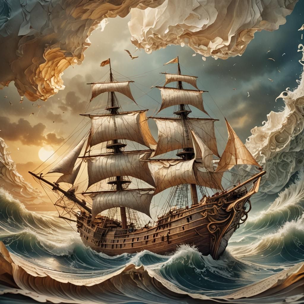 Majestic Sailboat Navigates Paper Seas: Fantasy Concept Art
