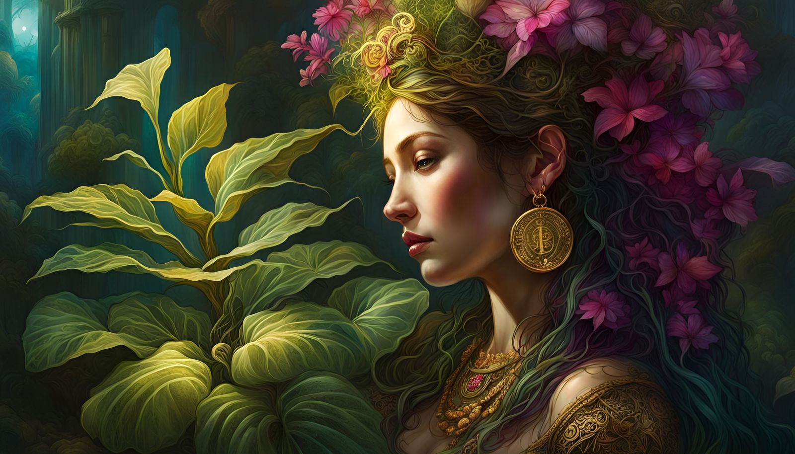 Magical Houseplant Growing Gold Coins: Digital Illustration