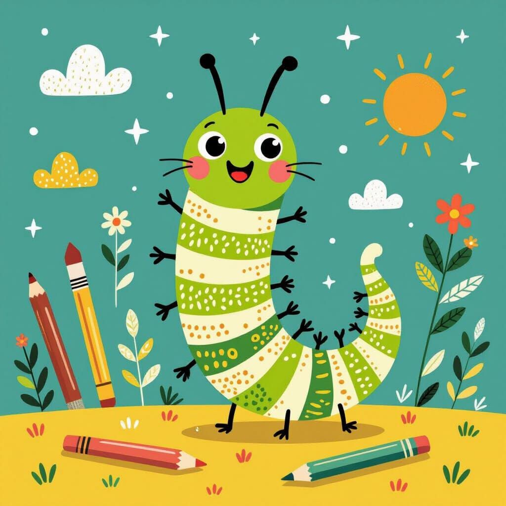 Whimsical Caterpillar with Drawing Tools Illustration
