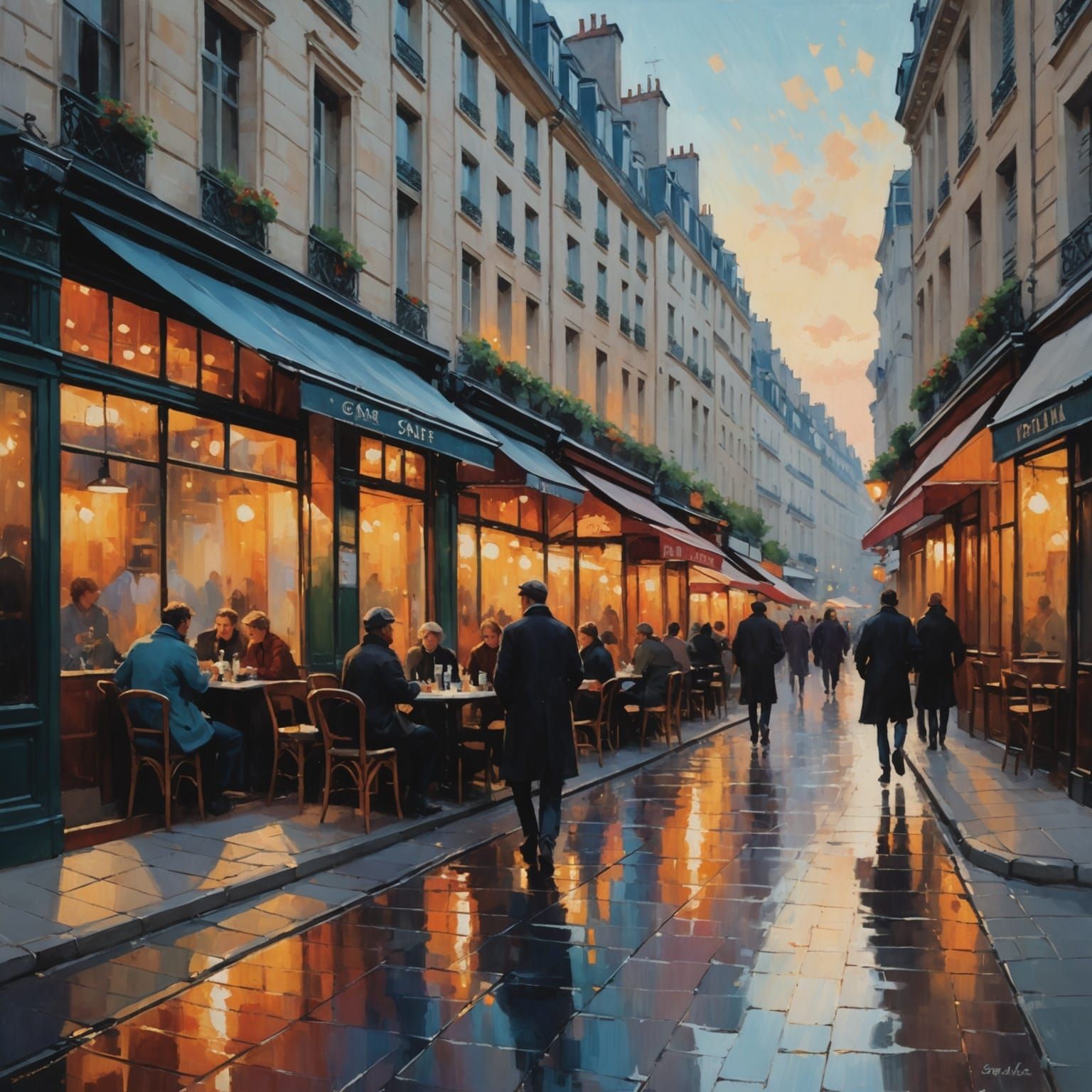Bustling Parisian Street Cafe at Dusk