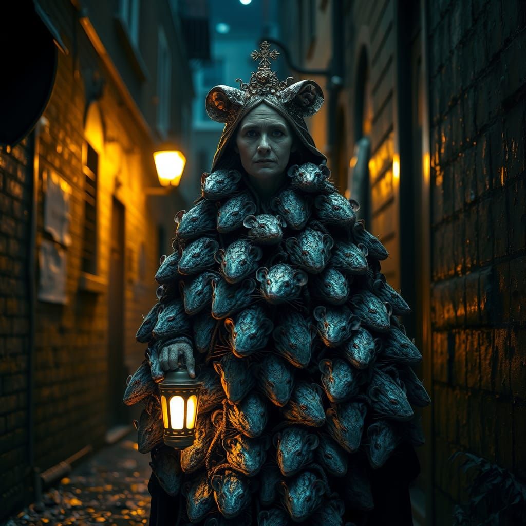 Homeless lady dress made out of rats. In dark alley Cinemati...